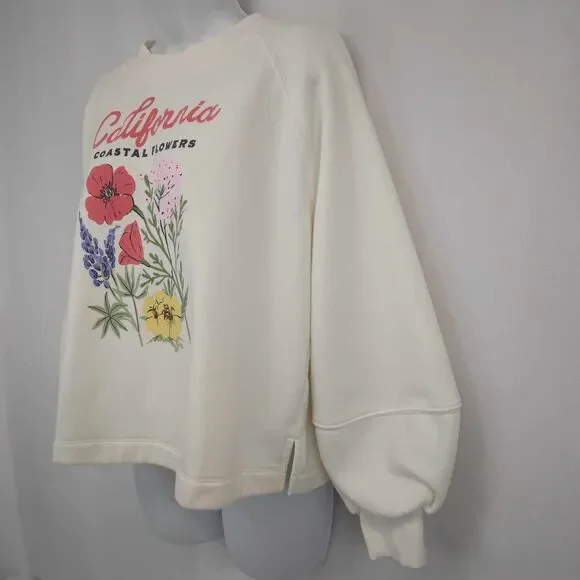 Old Navy California Flowers French Terry Blouson Sleeve White Sweatshirt Size Sm - Picture 4 of 7